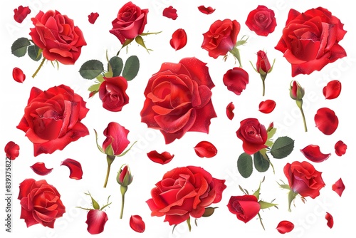 Red rose petals in an isolated background set. Generative Ai