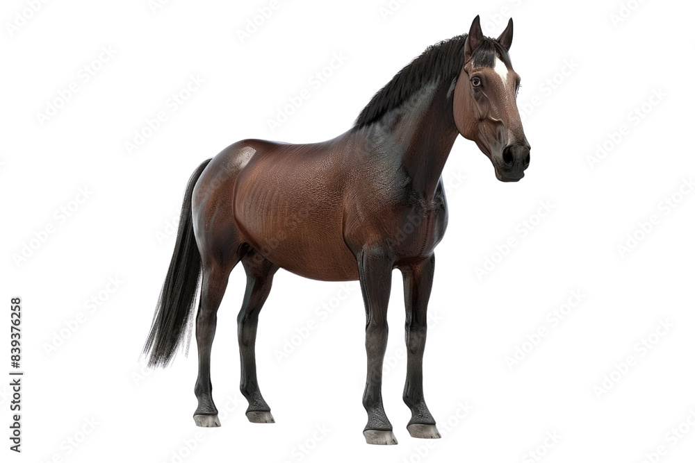 A brown horse stands on a white background, 3d render, clipart, isolated on a transparent background.