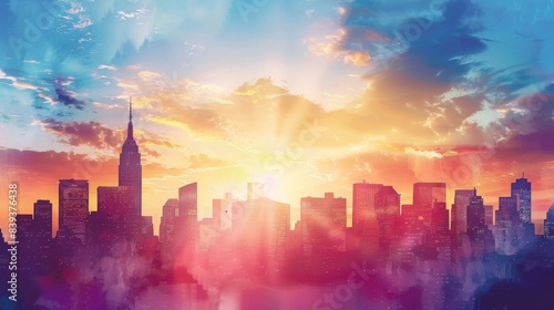 Silhouettes of skyscrapers against a colorful sunset sky, capturing the beauty and majesty of city skylines