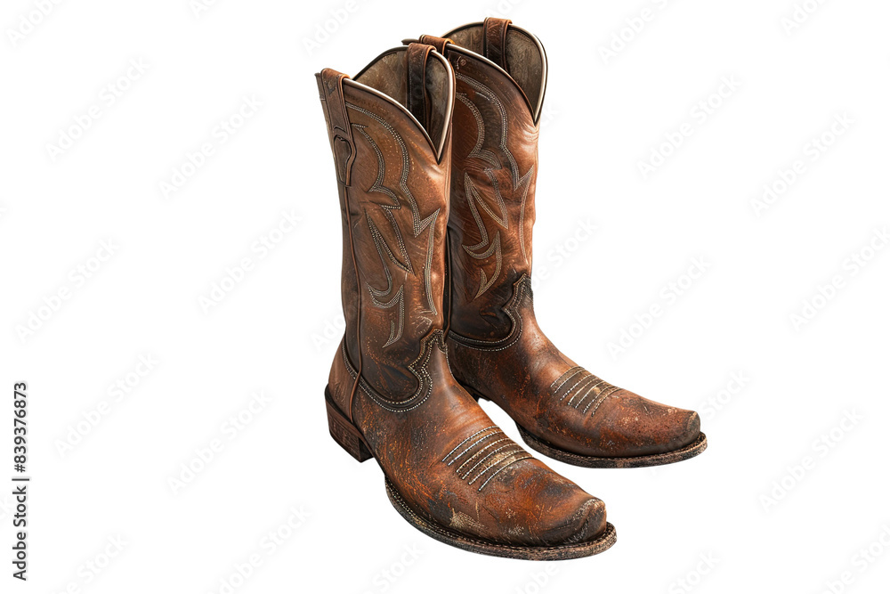 Two brown cowboy boots with a brown leather sole, 3d render, clipart, isolated on a transparent background. Two brown cowboy boots with a brown leather sole, 3d render, clipart, isolated on a transparent background.