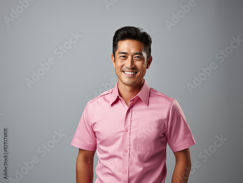 A joyful Asian man in Pink and White clothes against an isolated background