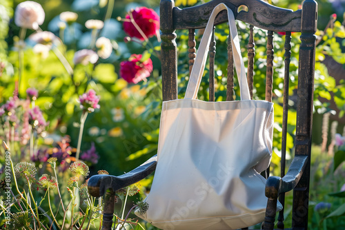  blank canvas tote bag hanging on a chair, with a beautiful garden scene in the background, capturing a fresh and natural vibe photo