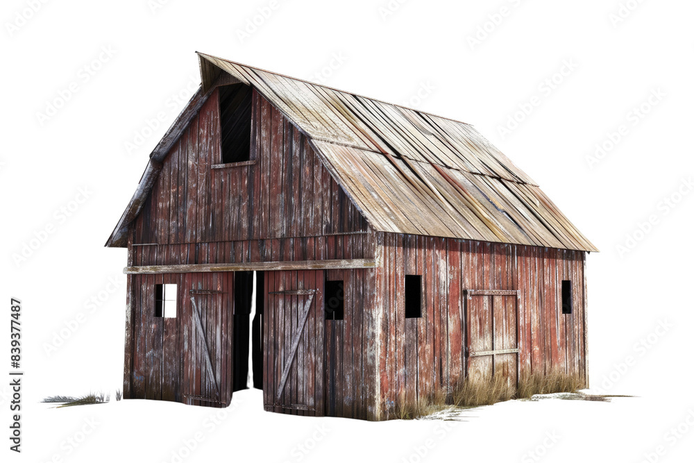 A large, old, wooden barn with a slanted roof and a large door. The barn is empty and he is abandoned, 3d render, clipart, isolated on a transparent background.