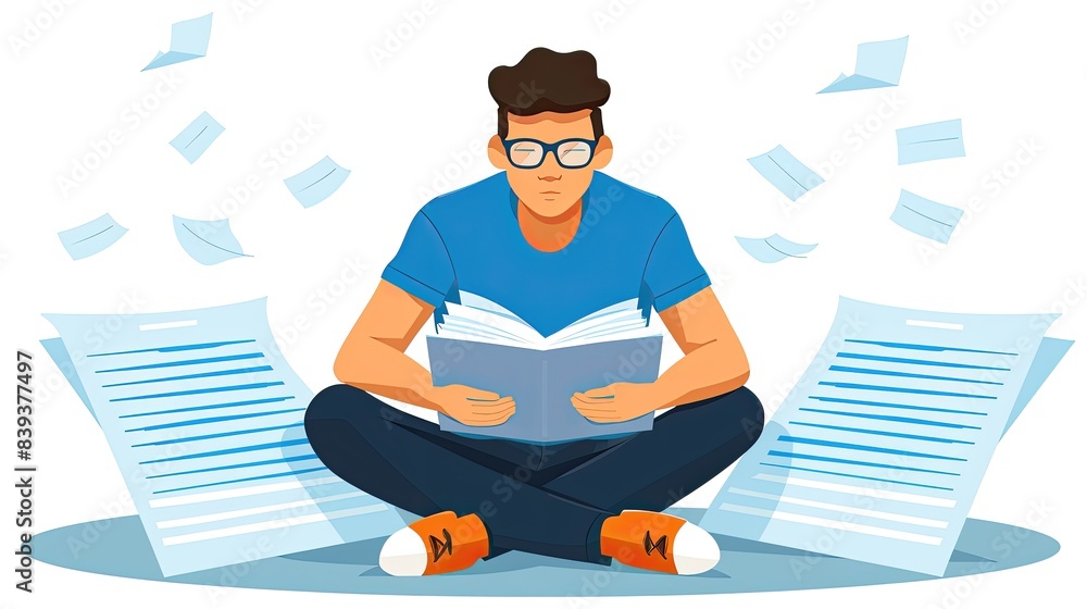 A man is sitting on the floor with a book in his lap A man is sitting on the floor with a book in his lap