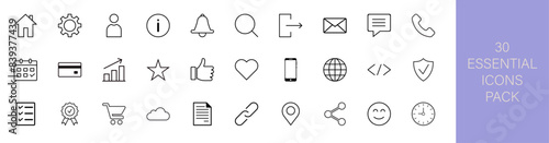 Essential Icons Set. User, Time, Search, Heart, Like, Link, Mobile, Phone, Web, Calendar, Email, Growth, Payment, To do, Share icons and more 