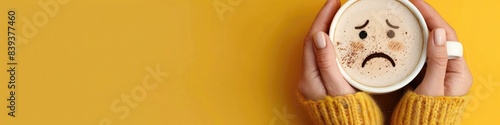 A person is holding a cup of coffee with a frown on their face