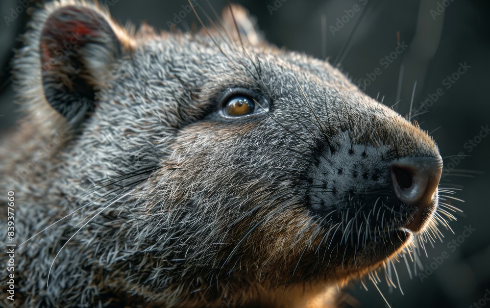 Fototapeta premium A quokka with brown eyes looks up in close up