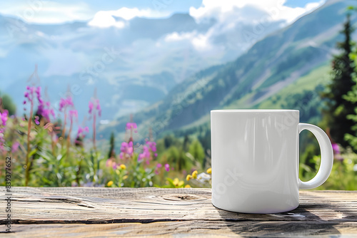 A blank white coffee mug on a rustic wooden table, with a picturesque mountain landscape in the background, creating a peaceful and inviting atmosphere 