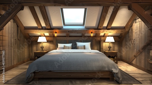 A simple and clean modern bedroom with an attic window, skylight, wooden floor, soft lighting, grey bed linen, blue sky outside the window