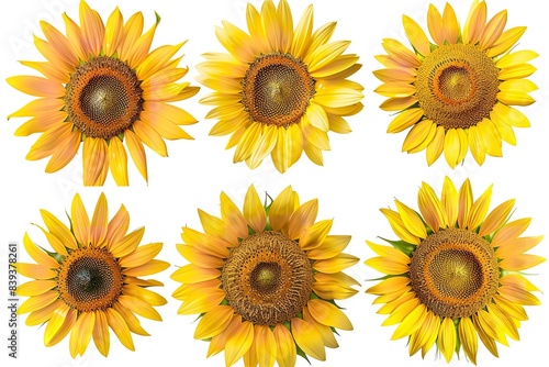 Sunflowers of all sizes, ranging from tiny to enormous, are isolated on a white backdrop. Generative Ai