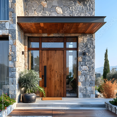 a contemporary design house entrance with a wood and glass door between stonewalls.travel to athens, greece isolated on white background, minimalism, png photo