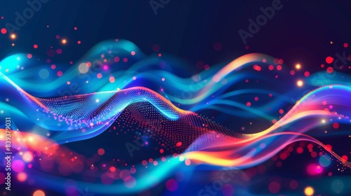 Vibrant abstract waves of bright neon colors and light particles on a dark background.