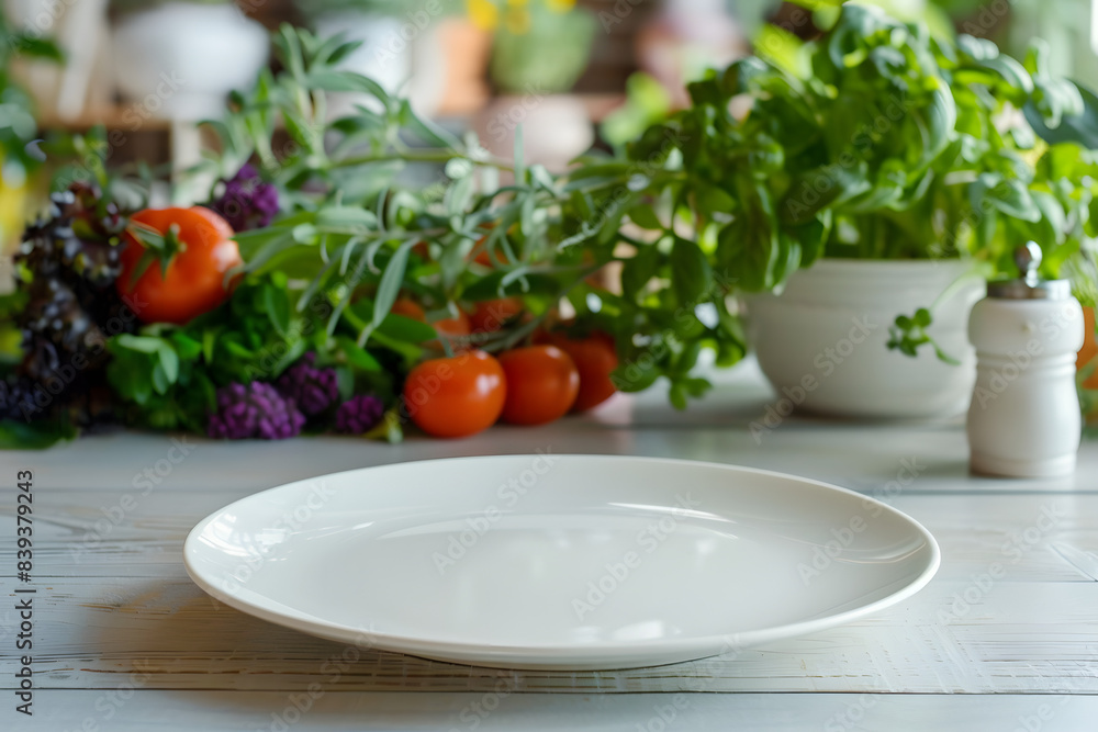 A plain white plate on a dining table, with a vibrant kitchen garden in the background, capturing freshness and healthy living A plain white plate on a dining table, with a vibrant kitchen garden in the background, capturing freshness and healthy living