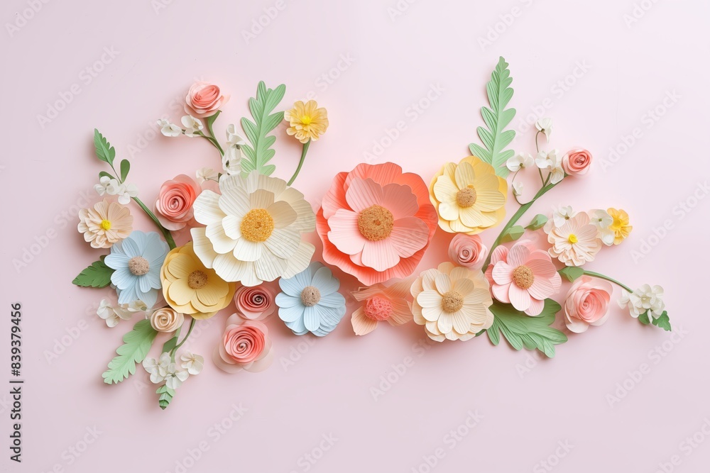 Flowers paper cut design. Beautiful spring paper cut flowers on soft color background. Valentine's Day, Birthday, Happy Woman Day, Mother's Day. Holiday poster and banner with flower papercut Flowers paper cut design. Beautiful spring paper cut flowers on soft color background. Valentine's Day, Birthday, Happy Woman Day, Mother's Day. Holiday poster and banner with flower papercut