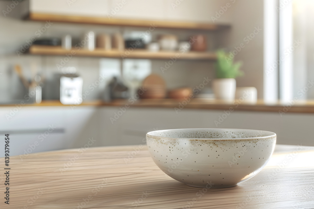 A simple ceramic bowl on a dining table, with a modern kitchen in the background, showcasing elegance and home cooking A simple ceramic bowl on a dining table, with a modern kitchen in the background, showcasing elegance and home cooking