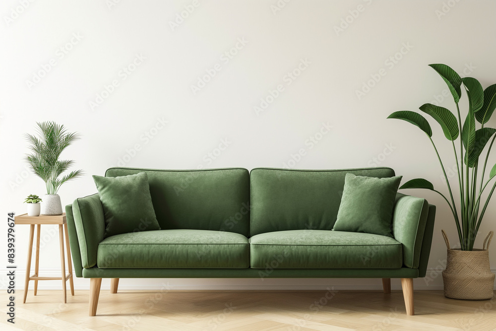 Minimalist living room with a clean and cozy aesthetic, featuring a green fabric sofa
