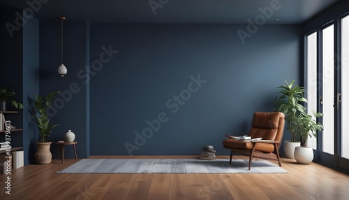 Fototapeta Naklejka Na Ścianę i Meble -  Modern living room interior with leather armchair on wood flooring and dark blue wall. 3D render