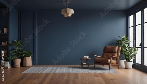 Modern living room interior with leather armchair on wood flooring and dark blue wall. 3D render