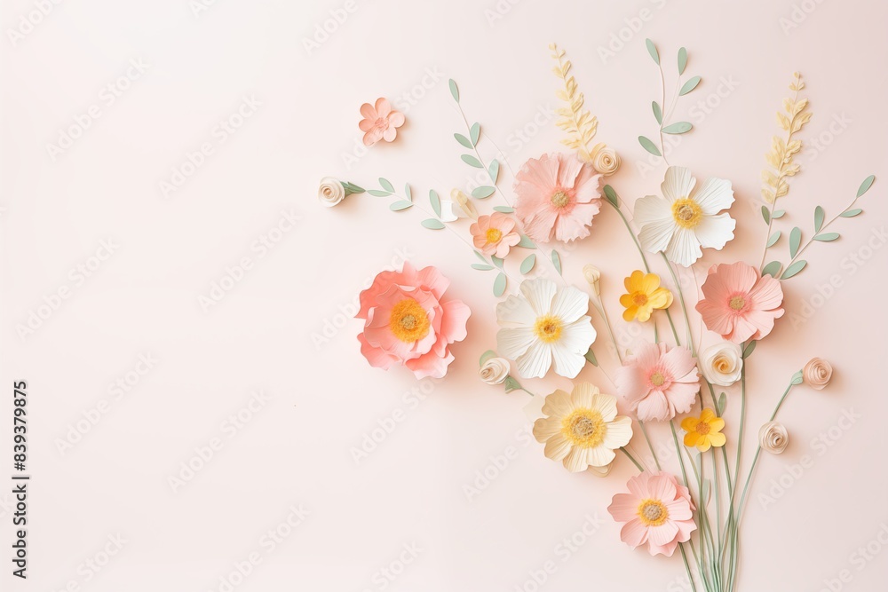 Fototapeta premium Flowers paper cut design. Beautiful spring paper cut flowers on soft color background. Valentine's Day, Birthday, Happy Woman Day, Mother's Day. Holiday poster and banner with flower papercut