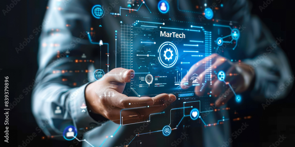 Professional Analyzing MarTech Solutions with a Digital Interface Featuring Marketing Technology and Data Analytics Professional Analyzing MarTech Solutions with a Digital Interface Featuring Marketing Technology and Data Analytics
