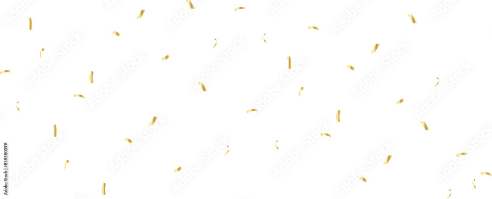 Gold confetti on transparent backdrop. Realistic falling tinsel. Luxury anniversary template. Flying decoration. Bright serpentine isolated. Birthday party backdrop. Vector illustration