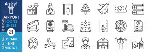 A set of line icons related to airport. Airport, plane, radar, location, travel, luggage, passport, control tower and so on. Vector outline icons set.