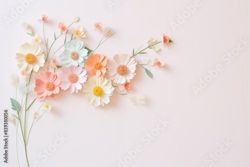 Flowers paper cut design. Beautiful spring paper cut flowers on soft color background. Valentine's Day, Birthday, Happy Woman Day, Mother's Day. Holiday poster and banner with flower papercut