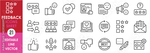 A set of line icons related to feedback and suggestions. Feedback, message, rating, letter, mail, podcast, good, worst, best and so on. Vector outline icons set.