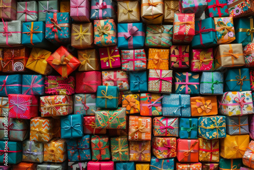 An abundant assortment of small gift boxes in different colors and patterns  tightly packed to fill the entire frame. The boxes are wrapped in vibrant papers and ribbons.