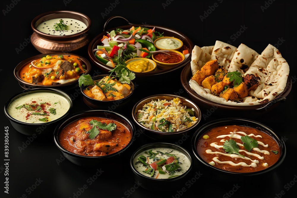 Various Indian dishes on a dark backdrop. Generative Ai