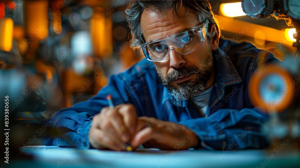 Engineer Reviewing Schematics: Illustrate an engineer reviewing large schematics, isolated on a blue background, showing focus and detail.