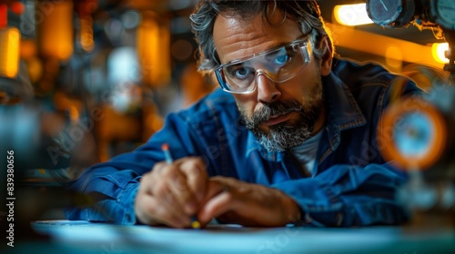 Engineer Reviewing Schematics: Illustrate an engineer reviewing large schematics, isolated on a blue background, showing focus and detail.