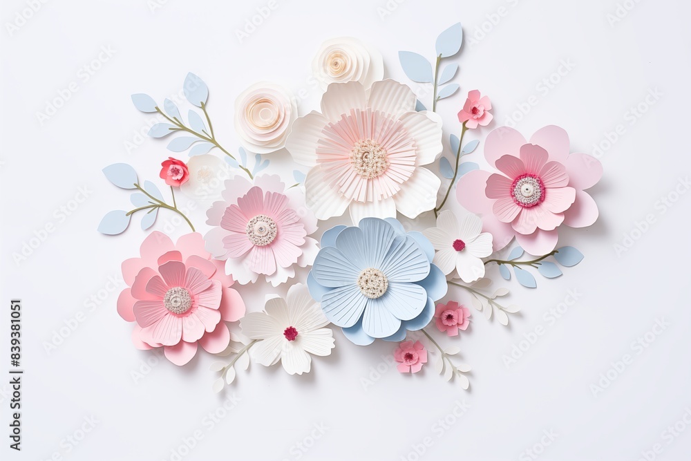 Flowers paper cut design. Beautiful spring paper cut flowers on soft color background. Valentine's Day, Birthday, Happy Woman Day, Mother's Day. Holiday poster and banner with flower papercut Flowers paper cut design. Beautiful spring paper cut flowers on soft color background. Valentine's Day, Birthday, Happy Woman Day, Mother's Day. Holiday poster and banner with flower papercut