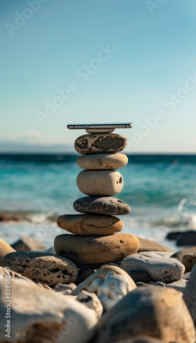 Sleek Smartphone on Smooth Stones by Ocean Beach at Sunset  Perfect for Balance and Design Concept