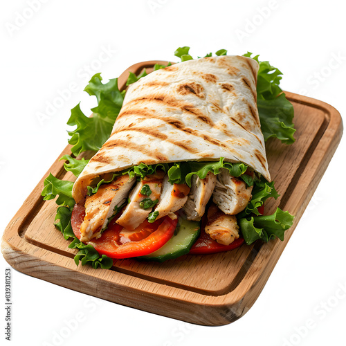 fresh chicken wrap sandwich on wooden board isolated on white background, detailed, png