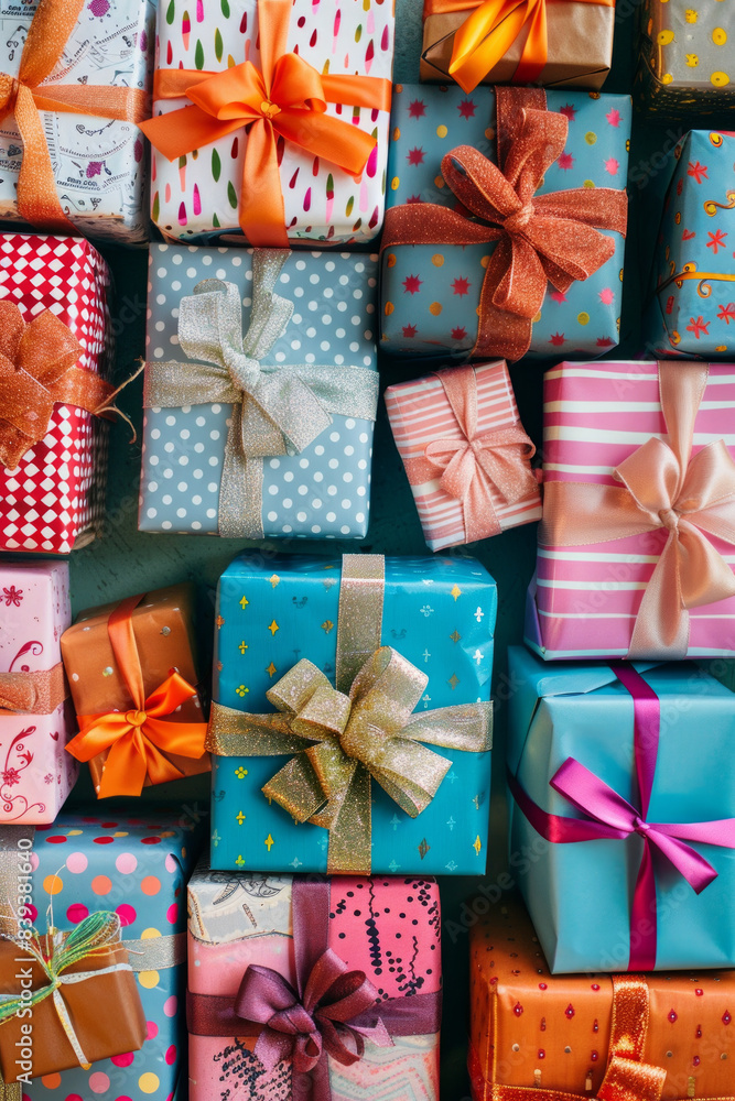 An abundant assortment of small gift boxes in different colors and patterns, tightly packed to fill the entire frame. The boxes are wrapped in vibrant papers and ribbons. An abundant assortment of small gift boxes in different colors and patterns, tightly packed to fill the entire frame. The boxes are wrapped in vibrant papers and ribbons.