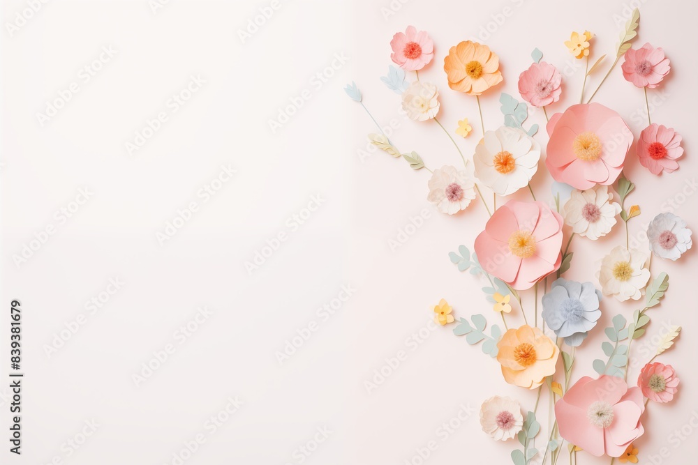 Flowers paper cut design. Beautiful spring paper cut flowers on soft color background. Valentine's Day, Birthday, Happy Woman Day, Mother's Day. Holiday poster and banner with flower papercut Flowers paper cut design. Beautiful spring paper cut flowers on soft color background. Valentine's Day, Birthday, Happy Woman Day, Mother's Day. Holiday poster and banner with flower papercut
