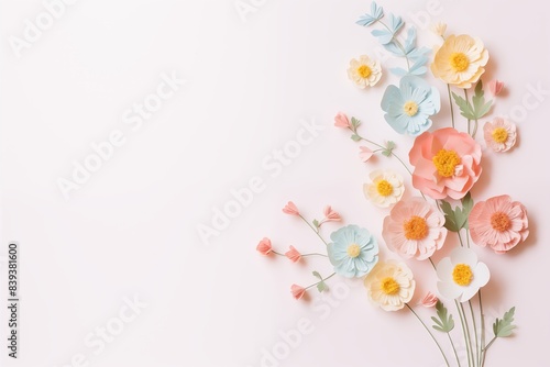 Flowers paper cut design. Beautiful spring paper cut flowers on soft color background. Valentine's Day, Birthday, Happy Woman Day, Mother's Day. Holiday poster and banner with flower papercut