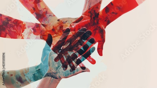 A person donating blood with a double exposure effect of diverse hands from around the world joining together