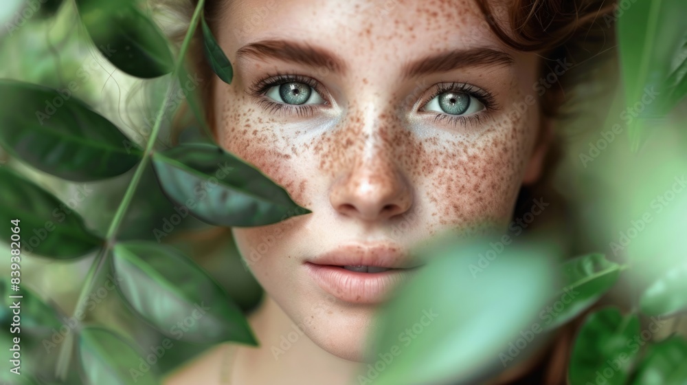 young caucasian woman in nature with freckles and pale skin blue eyes generative ai young caucasian woman in nature with freckles and pale skin blue eyes generative ai
