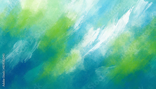 abstract painting with green, blue, and white brush strokes creating a textured background