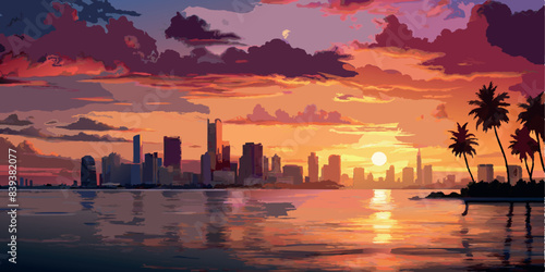 Sunset over city skyline with reflections on water. Vector illustration