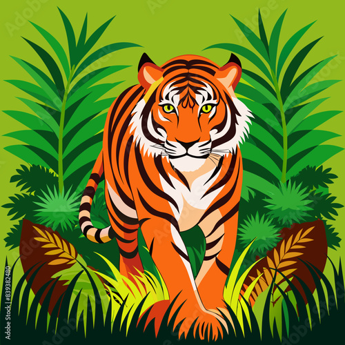 Design a bold and striking vector of a tiger stalking through tall grass.