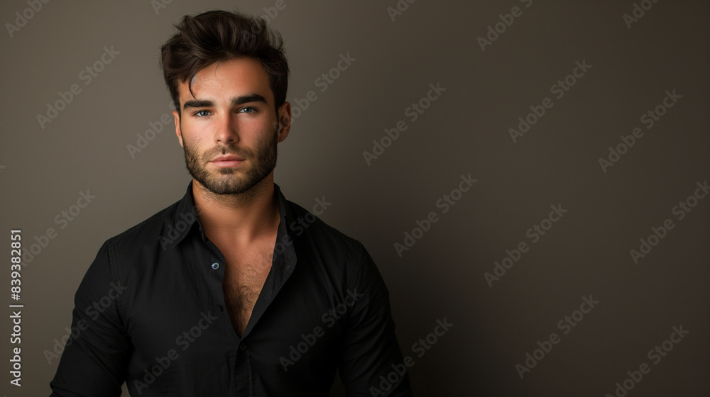 Fototapeta premium portrait of a handsome young man in black shirt standing against the wall in studio
