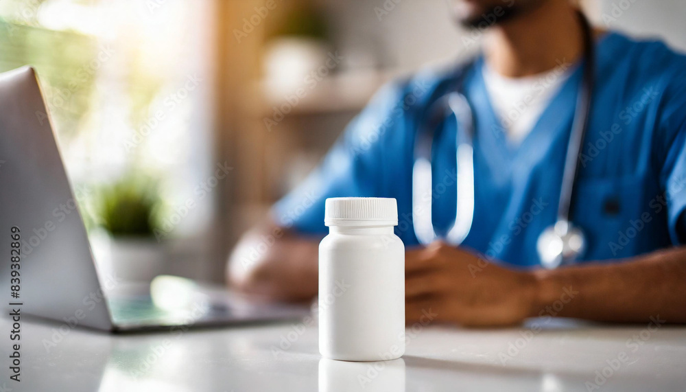 pill bottle on white table with blurred doctor in background, symbolizing medical care and pharmaceutical treatment pill bottle on white table with blurred doctor in background, symbolizing medical care and pharmaceutical treatment