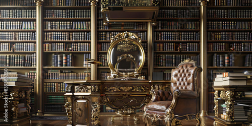 The Golden Hall of Knowledge: An ornate desk, surrounded by towering bookshelves, a luxurious leather chair, and a gold-framed mirror.