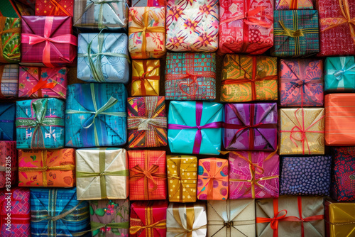 An abundant assortment of small gift boxes in different colors and patterns, tightly packed to fill the entire frame. The boxes are wrapped in vibrant papers and ribbons.