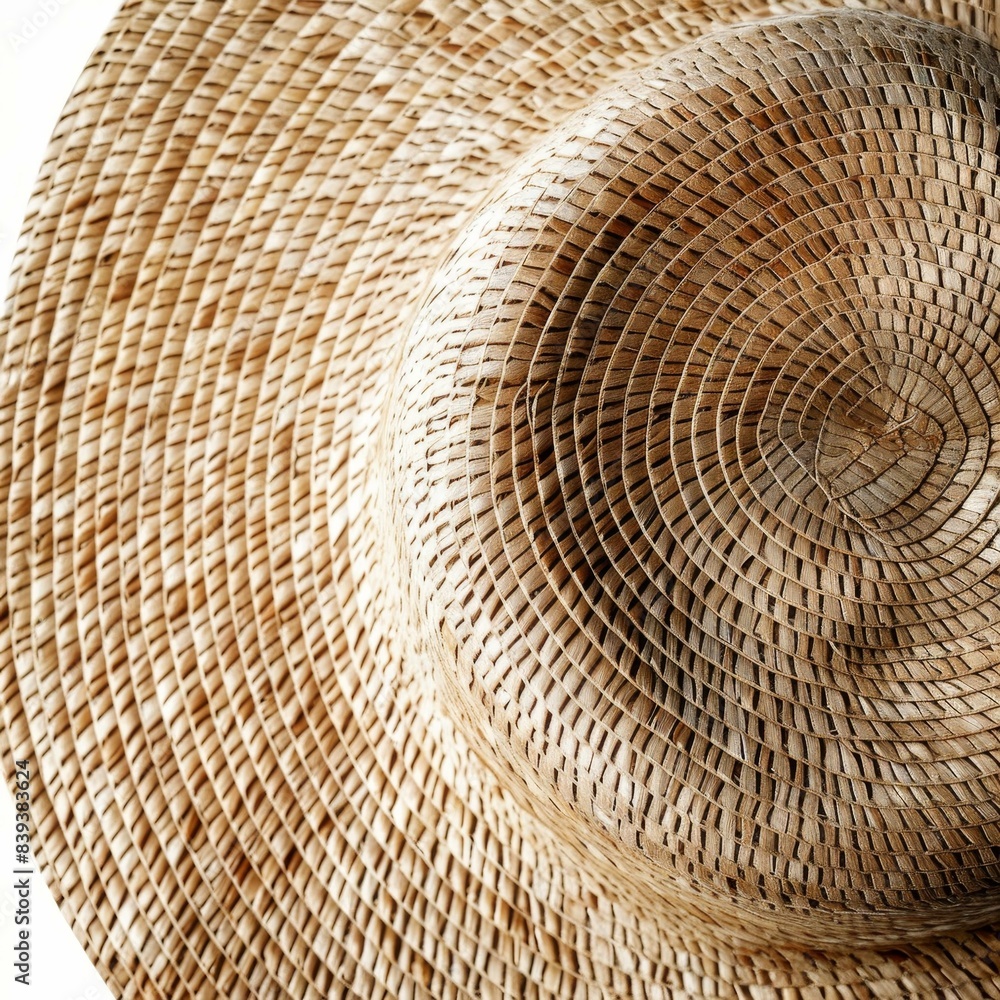 Fototapeta premium Discover a chic and sun-safe wide-brimmed summer hat in detailed close-up, featuring woven texture under bright light.