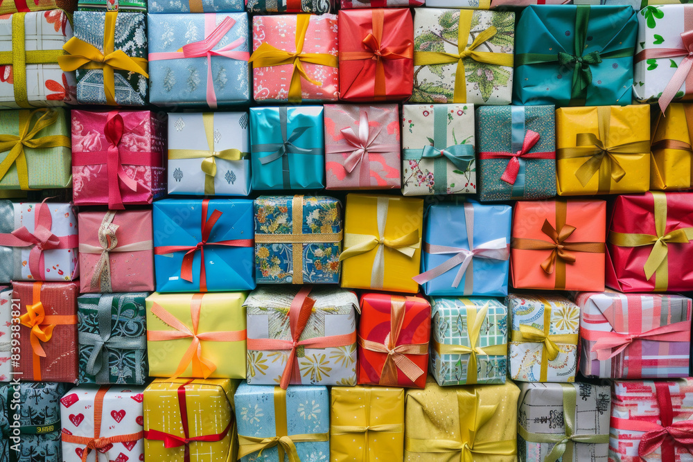 An abundant assortment of small gift boxes in different colors and patterns, tightly packed to fill the entire frame. The boxes are wrapped in vibrant papers and ribbons. An abundant assortment of small gift boxes in different colors and patterns, tightly packed to fill the entire frame. The boxes are wrapped in vibrant papers and ribbons.