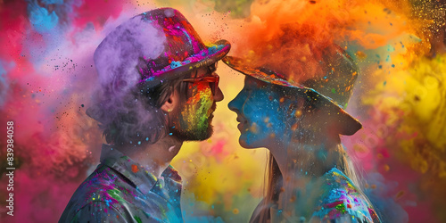 Holi Festival of Colours - Couple about to kiss - youthful male and female wearing hats facing each other smiling covered in colourful powder paint and puffs of paint around them 
